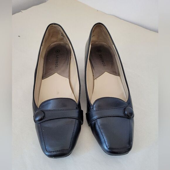 George Pumps Black Block Low Heel Almond Toe Office Modest Preppy Retro Office 8 - Picture 3 of 7